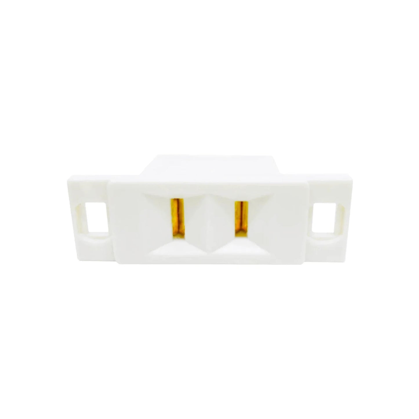 Contacto eléctrico sencillo blanco de dos ranuras planas con terminales metálicos.
