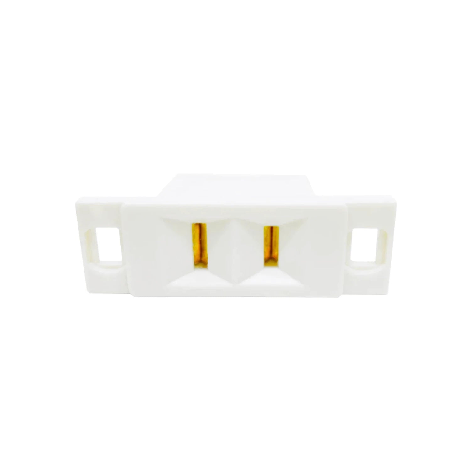 Contacto eléctrico sencillo blanco de dos ranuras planas con terminales metálicos.