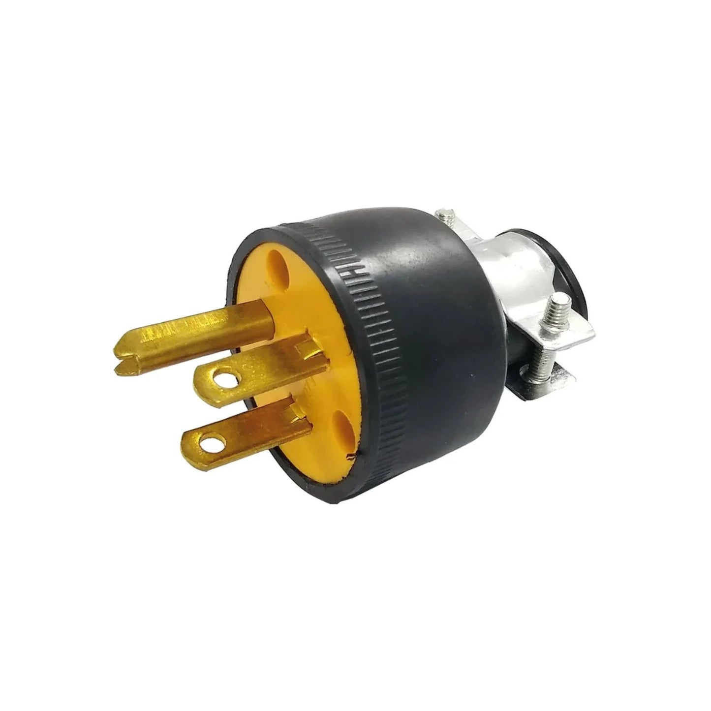 Clavija industrial 3 polos aterrizada negra/amarilla, pines de latón, sujetacable metálico, uso rudo