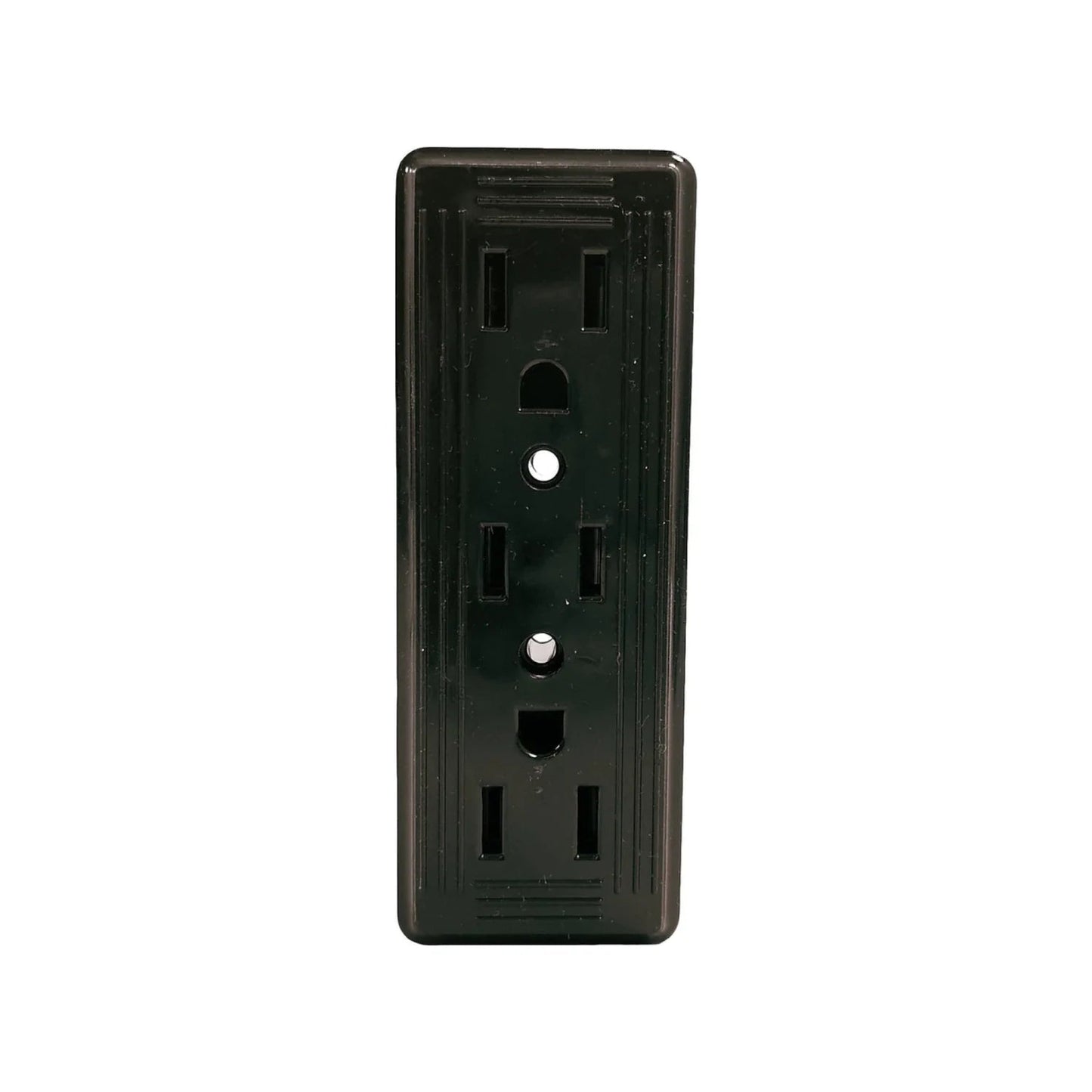 Contacto eléctrico triple negro para pared con tres receptáculos, ideal para hogar y ferretería.