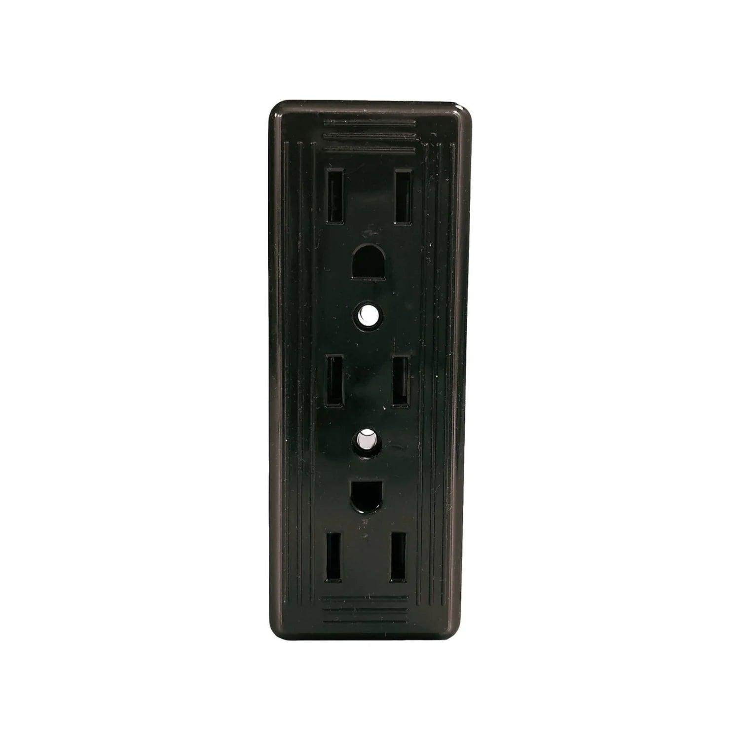 Contacto eléctrico triple negro para pared con tres receptáculos, ideal para hogar y ferretería.