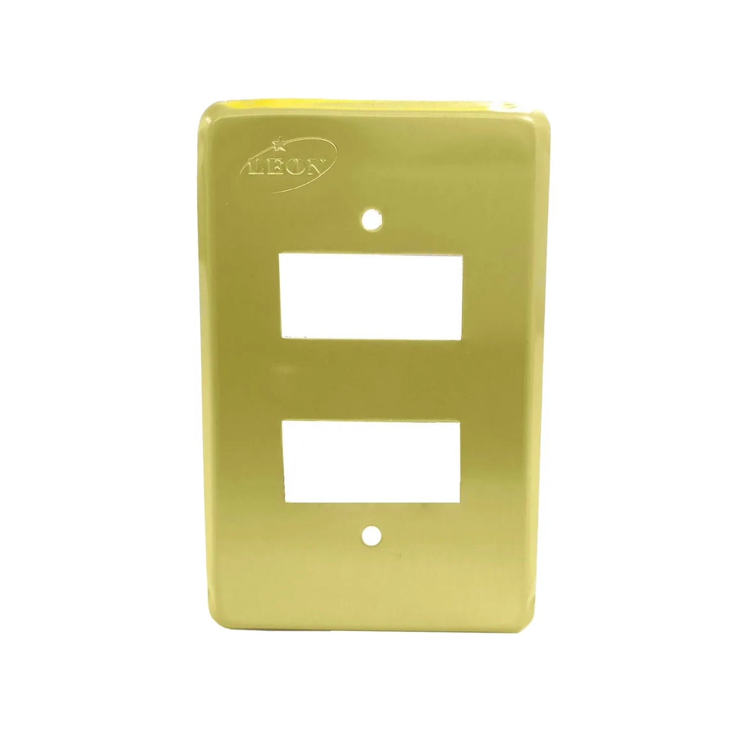 Placa eléctrica doble dorada marca León con 2 ventanas para interruptores y mecanismos