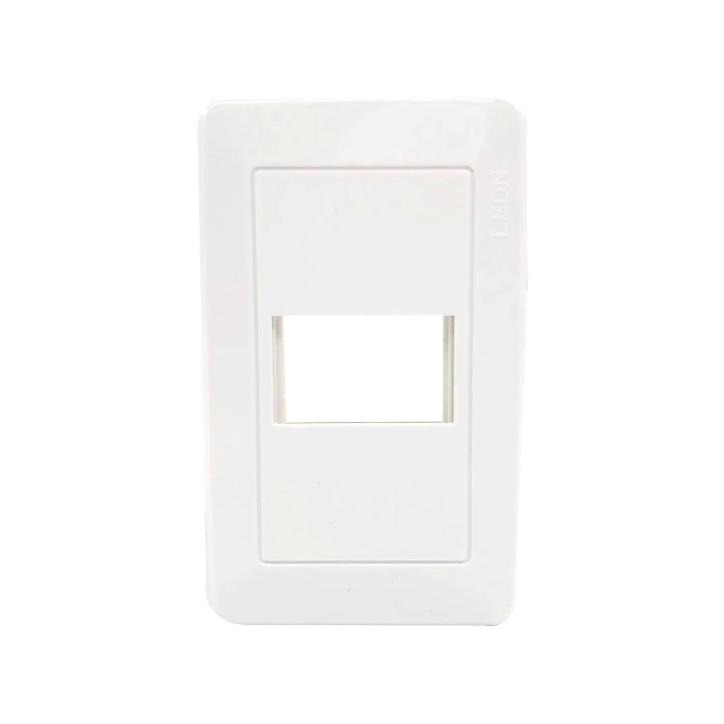 Placa sencilla blanca marca León, con 1 ventana para módulos de voz, datos o eléctricos