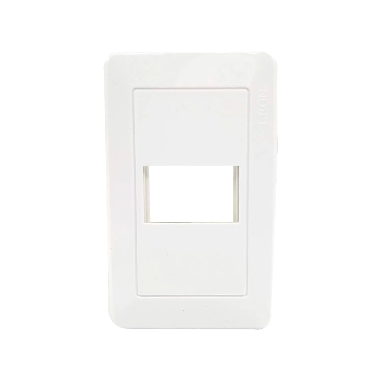 Placa sencilla blanca marca León, con 1 ventana para módulos de voz, datos o eléctricos