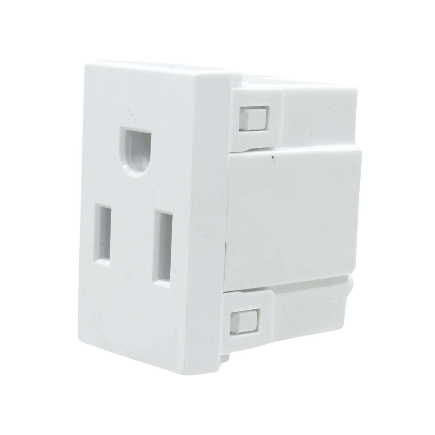Contacto eléctrico aterrizado blanco con 3 ranuras, tipo NEMA 5-15R, para uso residencial.