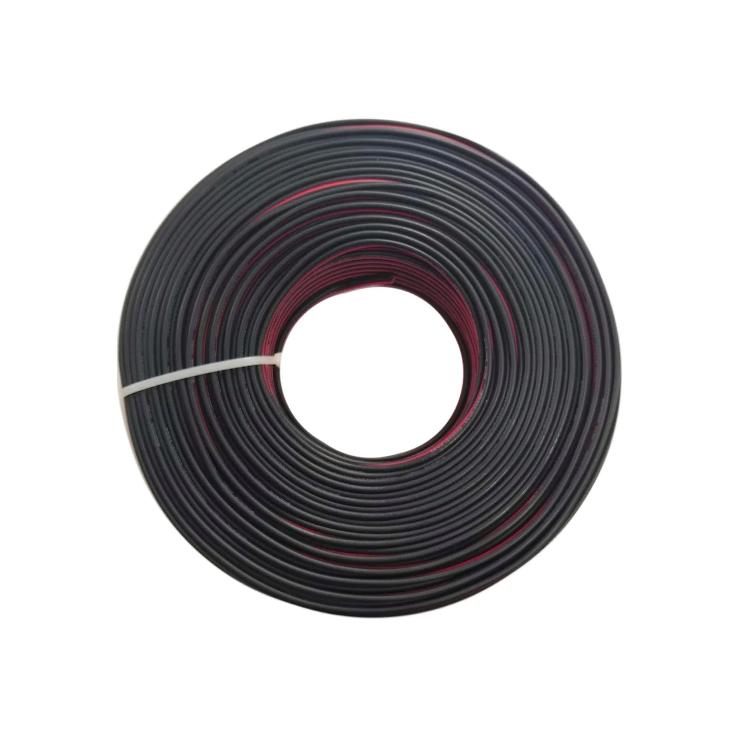 Rollo de cable eléctrico bicolor negro con línea roja, para instalaciones y conexiones.