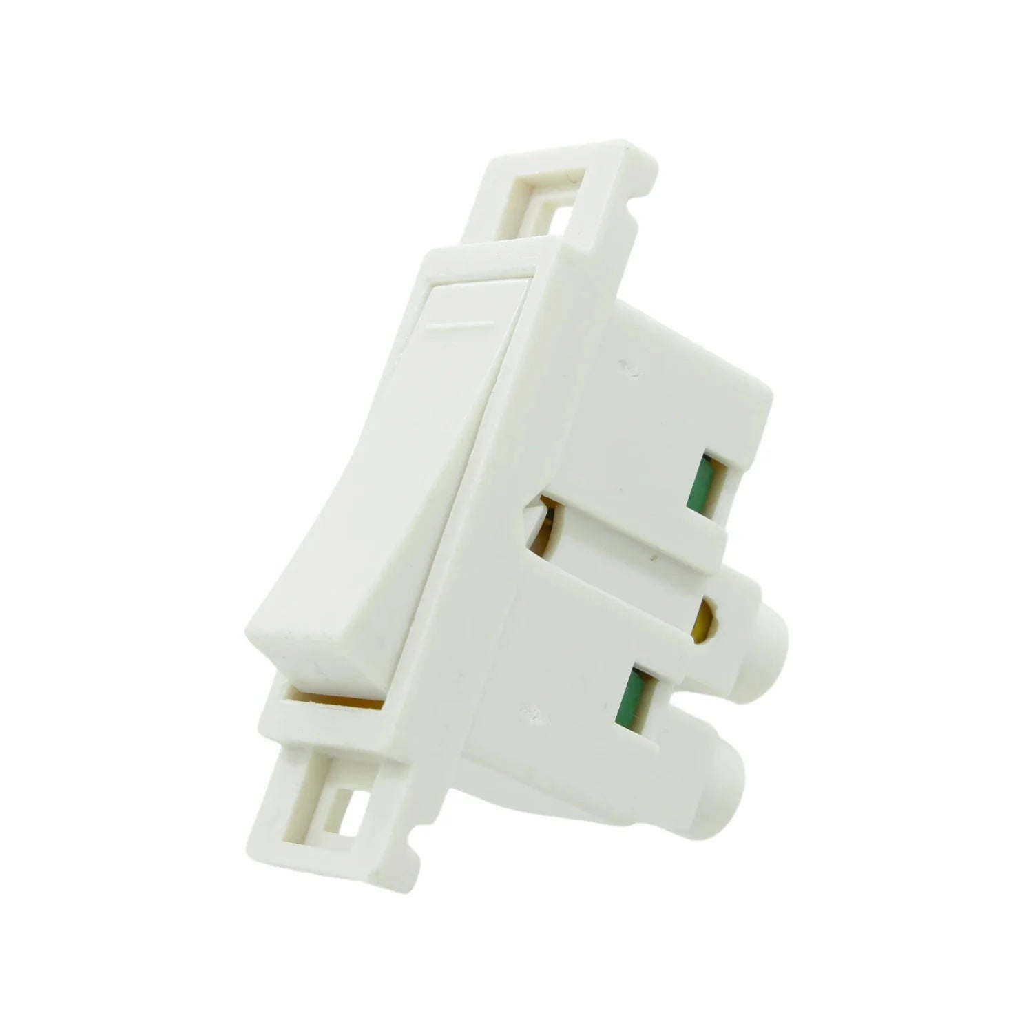 Apagador sencillo modular blanco tipo balancín para control de iluminación.