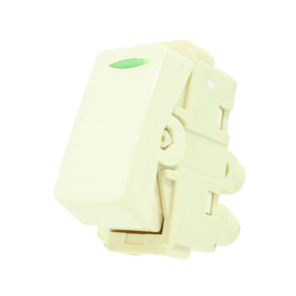 Apagador eléctrico sencillo color marfil con indicador de luz verde, módulo para pared