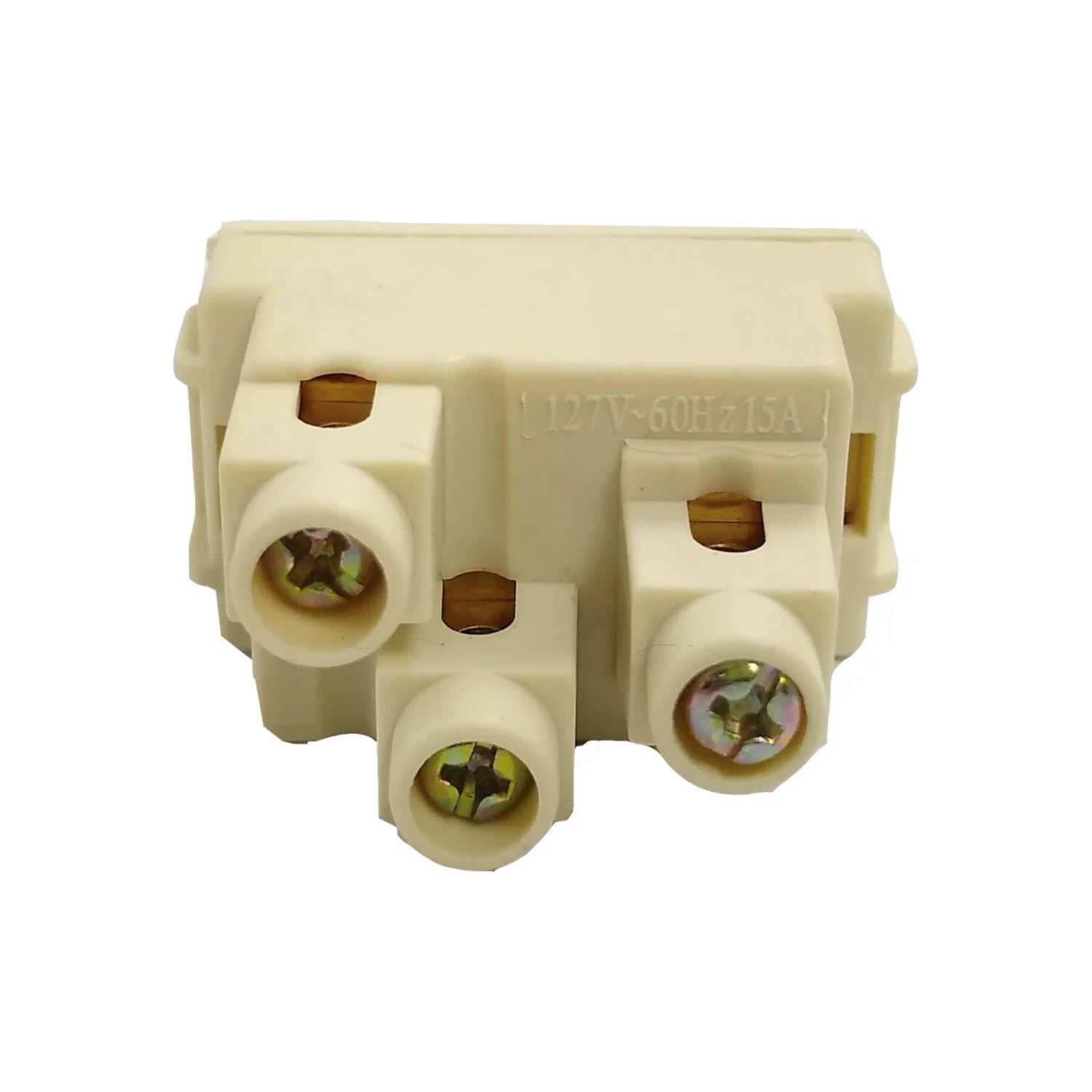Conector eléctrico modular 127V 15A marfil con terminales de tornillo, uso industrial.
