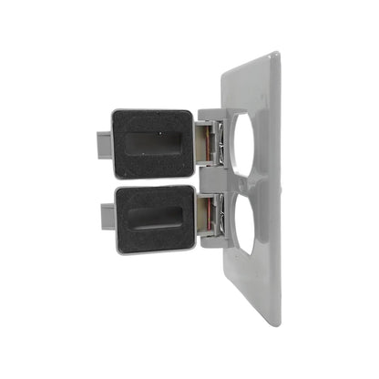 Cubierta dúplex gris para intemperie, con tapas protectoras para enchufes eléctricos