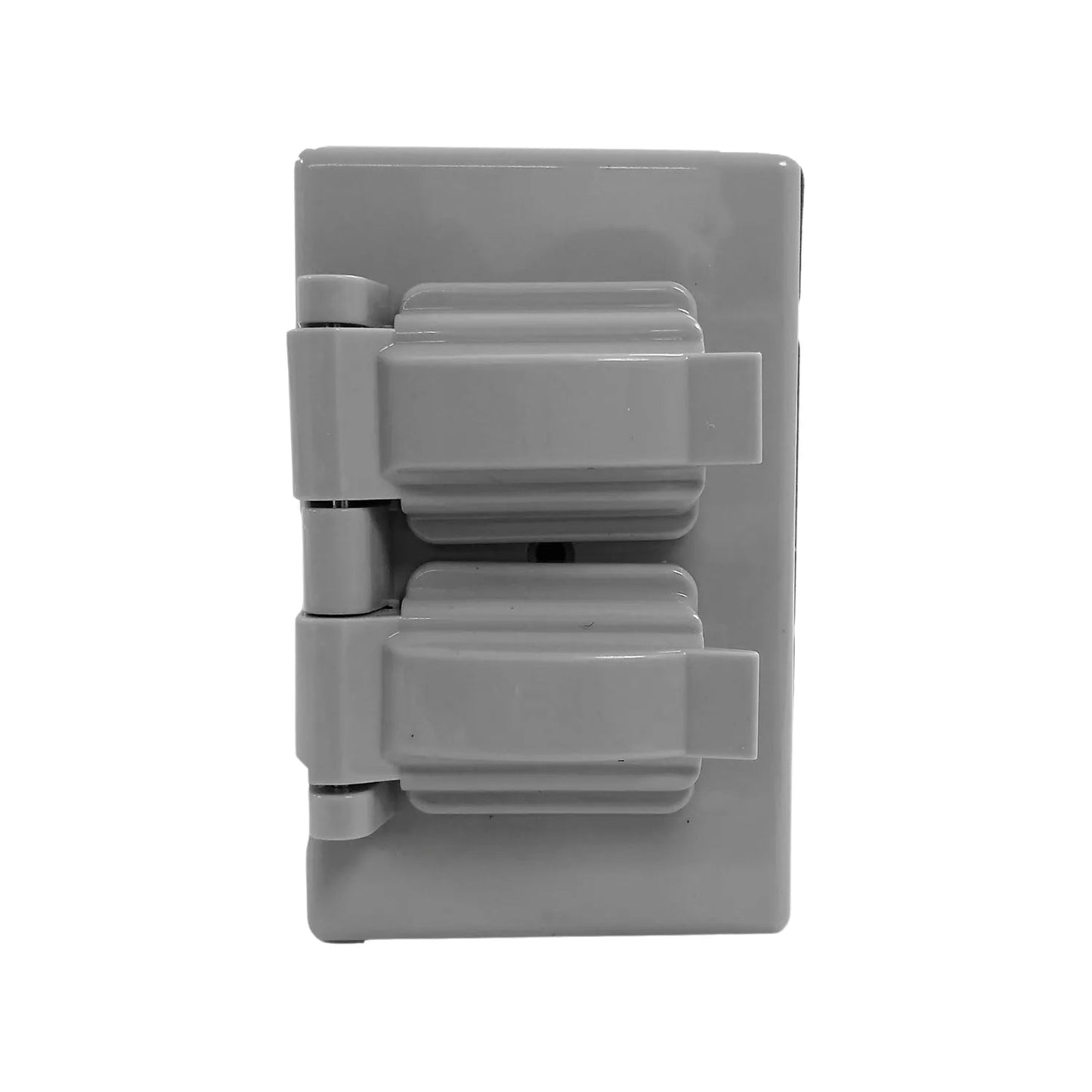 Placa dúplex gris para intemperie con tapas abatibles para protección de tomacorriente exterior