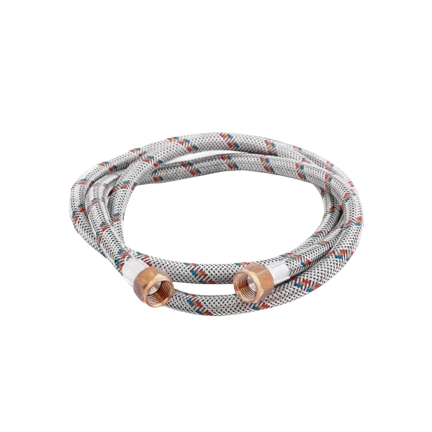 Manguera de gas flexible metálica trenzada blanca con patrones rojos y azules, conectores de latón.