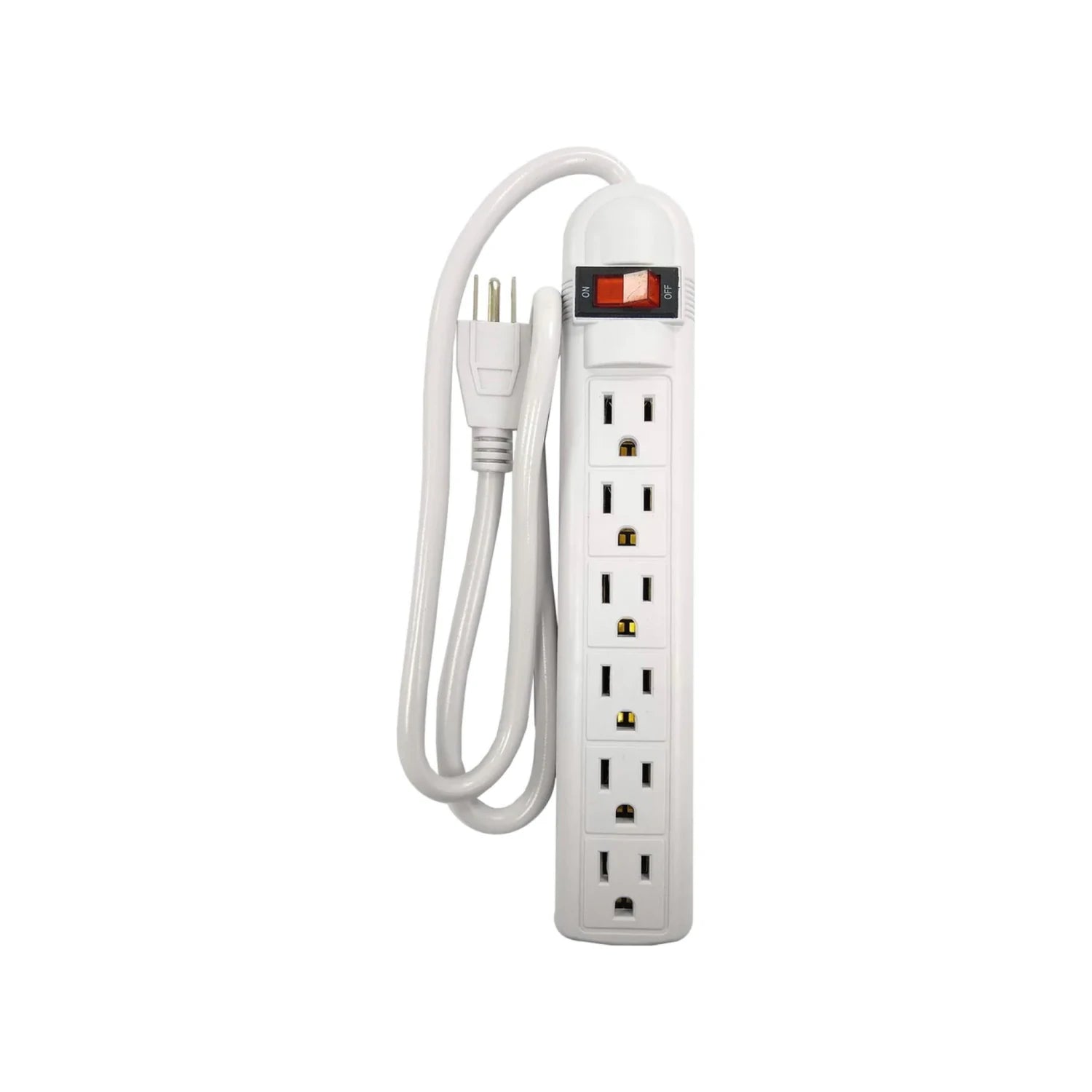 Multicontacto blanco de 6 entradas con supresor de picos y switch ON/OFF rojo para protección eléctrica