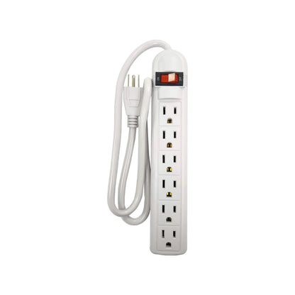 Multicontacto blanco de 6 entradas con supresor de picos y switch ON/OFF rojo para protección eléctrica