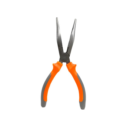 Pinza de punta larga con mangos ergonómicos naranjas y grises, herramienta manual abierta para ferretería