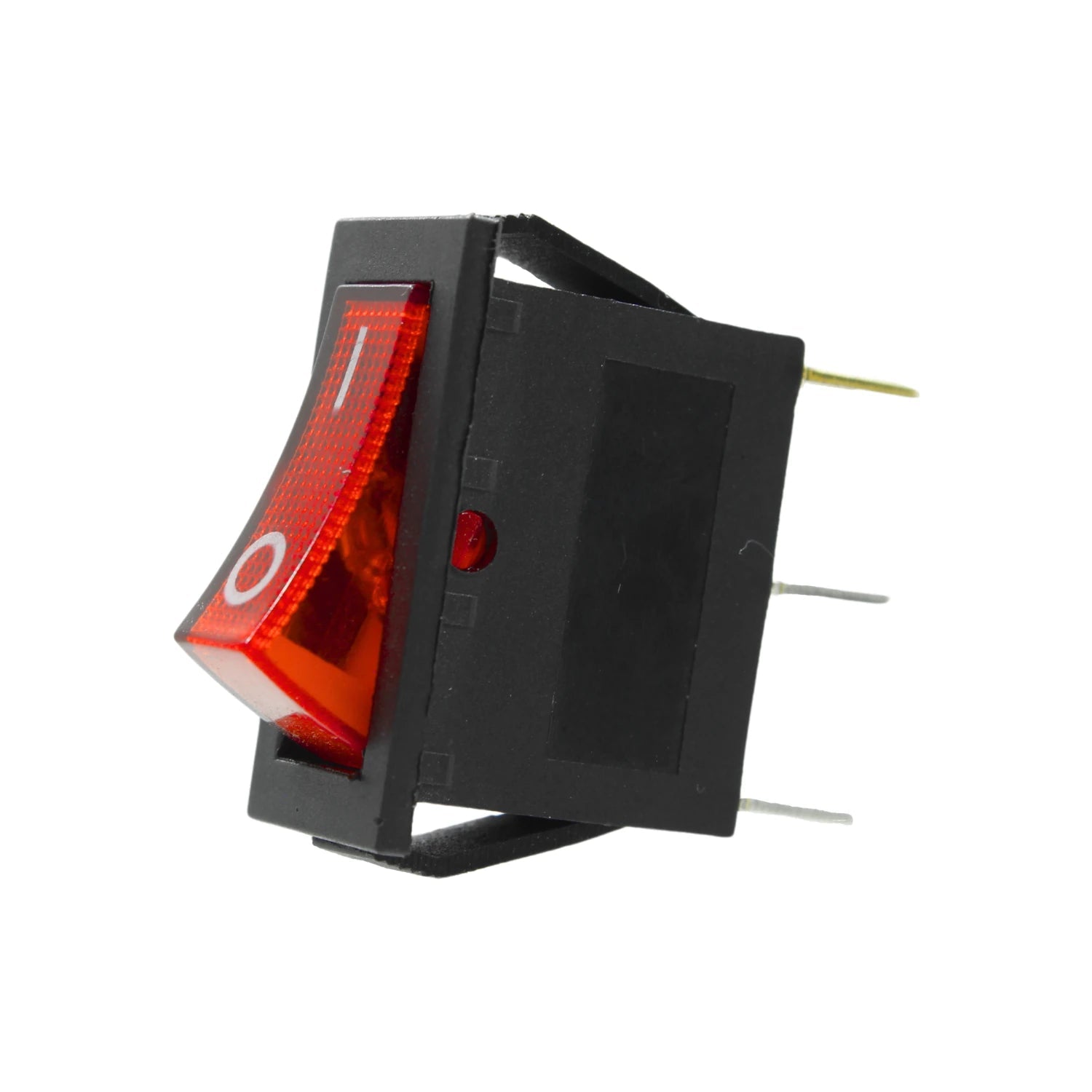 Interruptor rocker rojo con luz piloto LED y 3 terminales ON/OFF para aparatos eléctricos.