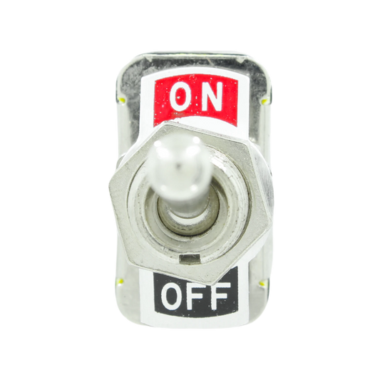 Interruptor de palanca metálico plateado ON/OFF, control de encendido y apagado para instalaciones eléctricas.