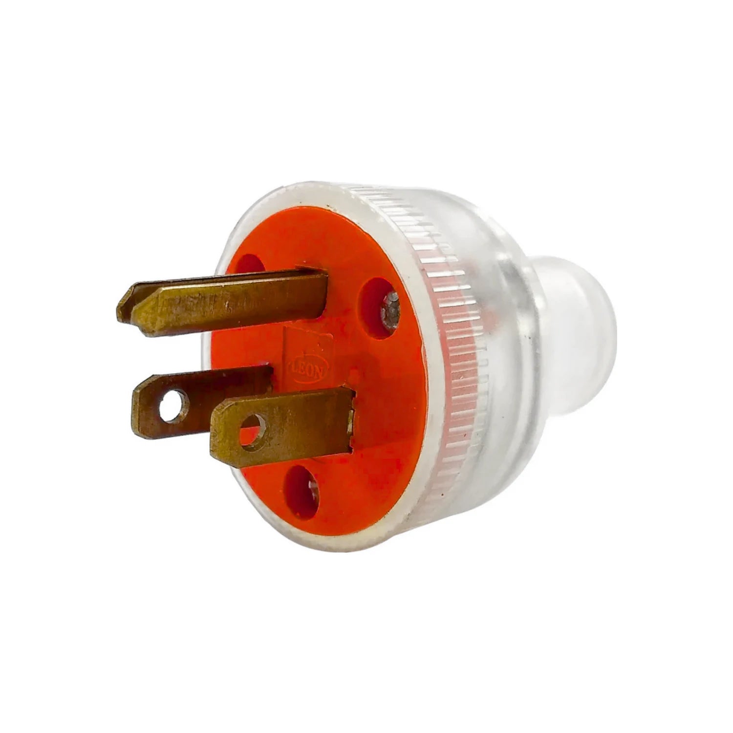 Clavija eléctrica aterrizada transparente León de 3 puntas, cuerpo claro y base naranja, para cables.