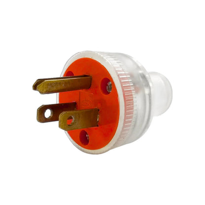 Clavija eléctrica aterrizada transparente León de 3 puntas, cuerpo claro y base naranja, para cables.
