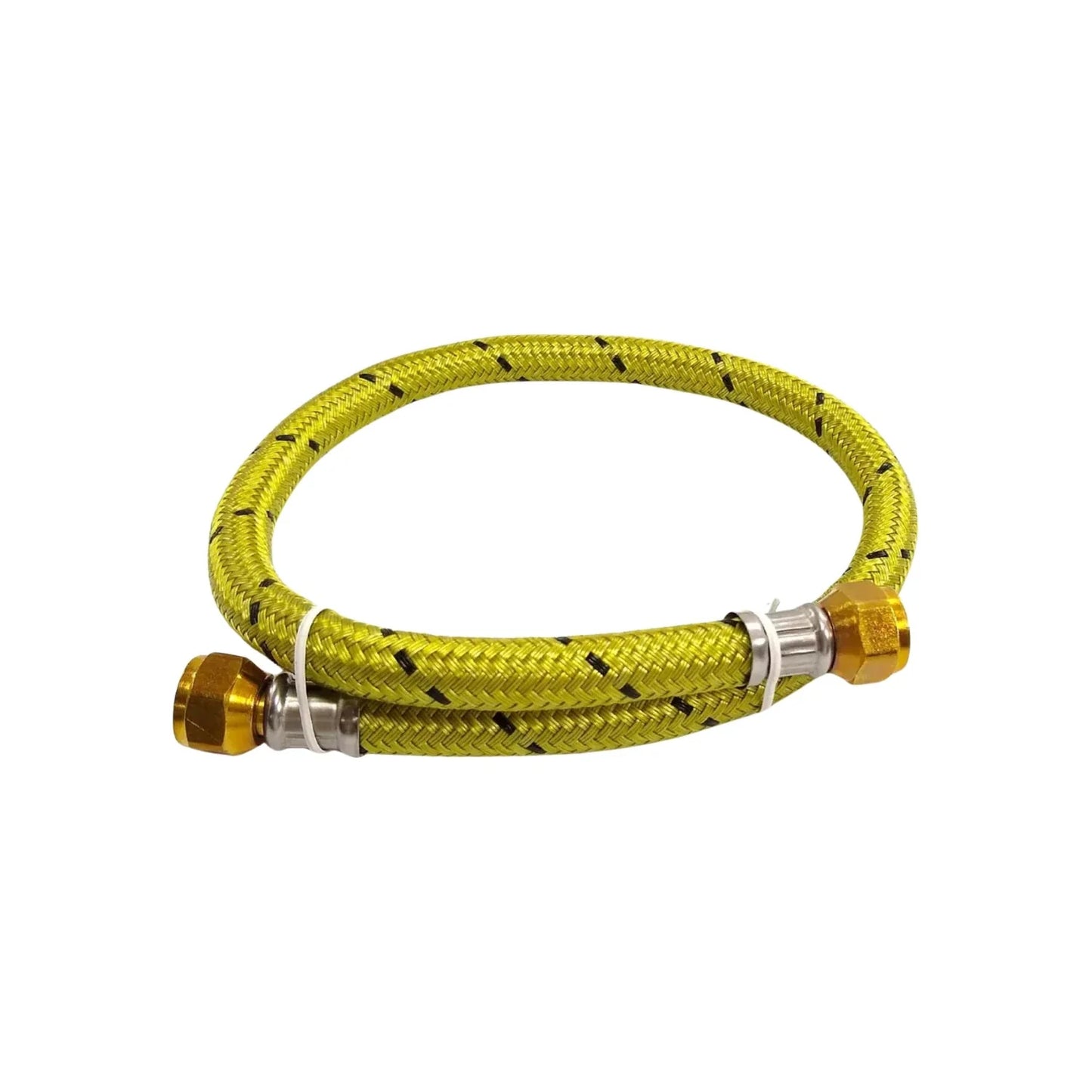 Manguera flexible para gas trenzada amarilla y negra con conexiones de latón. Ideal para instalaciones de gas.