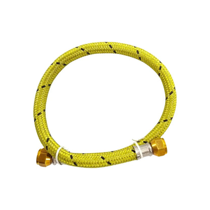Manguera flexible de gas amarilla con trenzado negro, conectores de latón, ideal para instalación de gas.