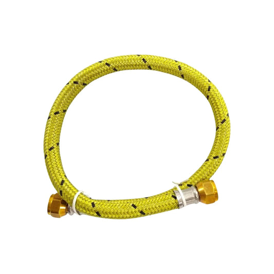 Manguera flexible de gas amarilla con trenzado negro, conectores de latón, ideal para instalación de gas.