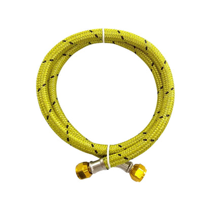 Manguera para gas de 1m, flexible, color amarillo con patrón trenzado negro y conexiones metálicas.
