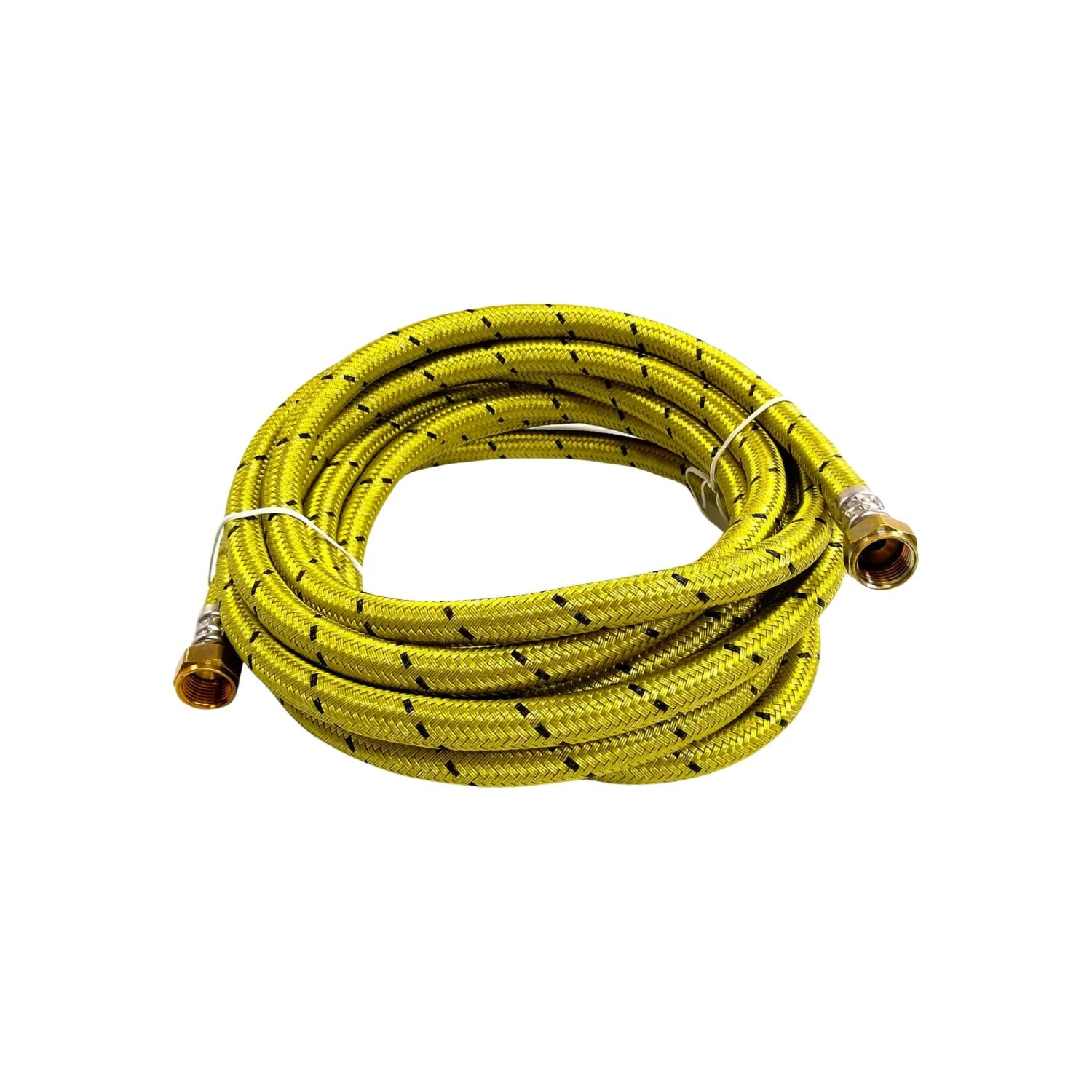 Manguera flexible para gas amarilla con patrón trenzado negro y conectores de latón, enrollada
