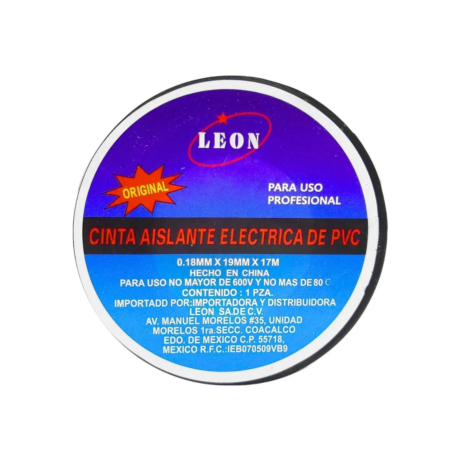 Cinta aislante eléctrica negra LEON de PVC 19mm x 17m para uso profesional 600V