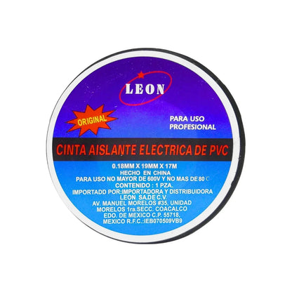 Cinta aislante eléctrica negra LEON de PVC 19mm x 17m para uso profesional 600V