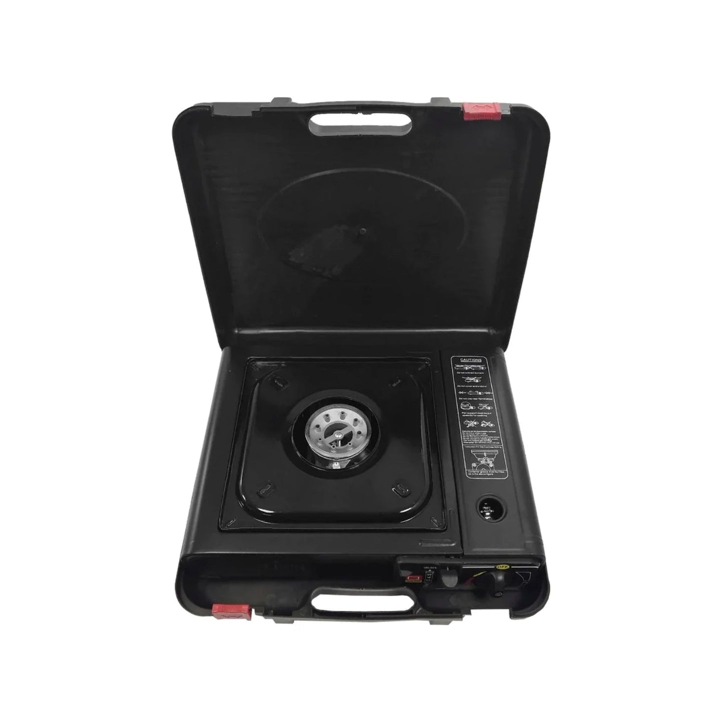 Estufa portátil de gas negra con un quemador, ideal para camping y actividades al aire libre