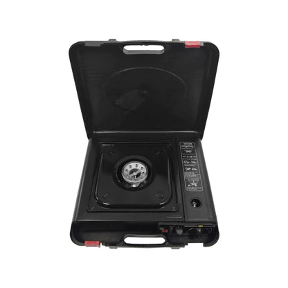 Estufa portátil de gas negra con un quemador, ideal para camping y actividades al aire libre