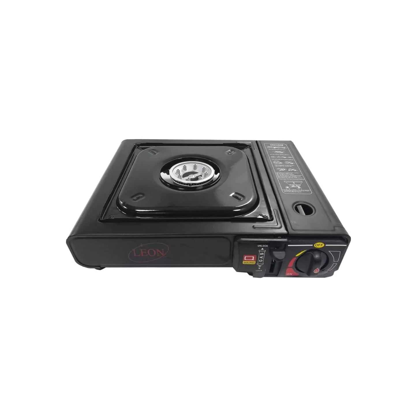 Estufa de gas portátil León negra, quemador único, control de llama y seguridad para camping