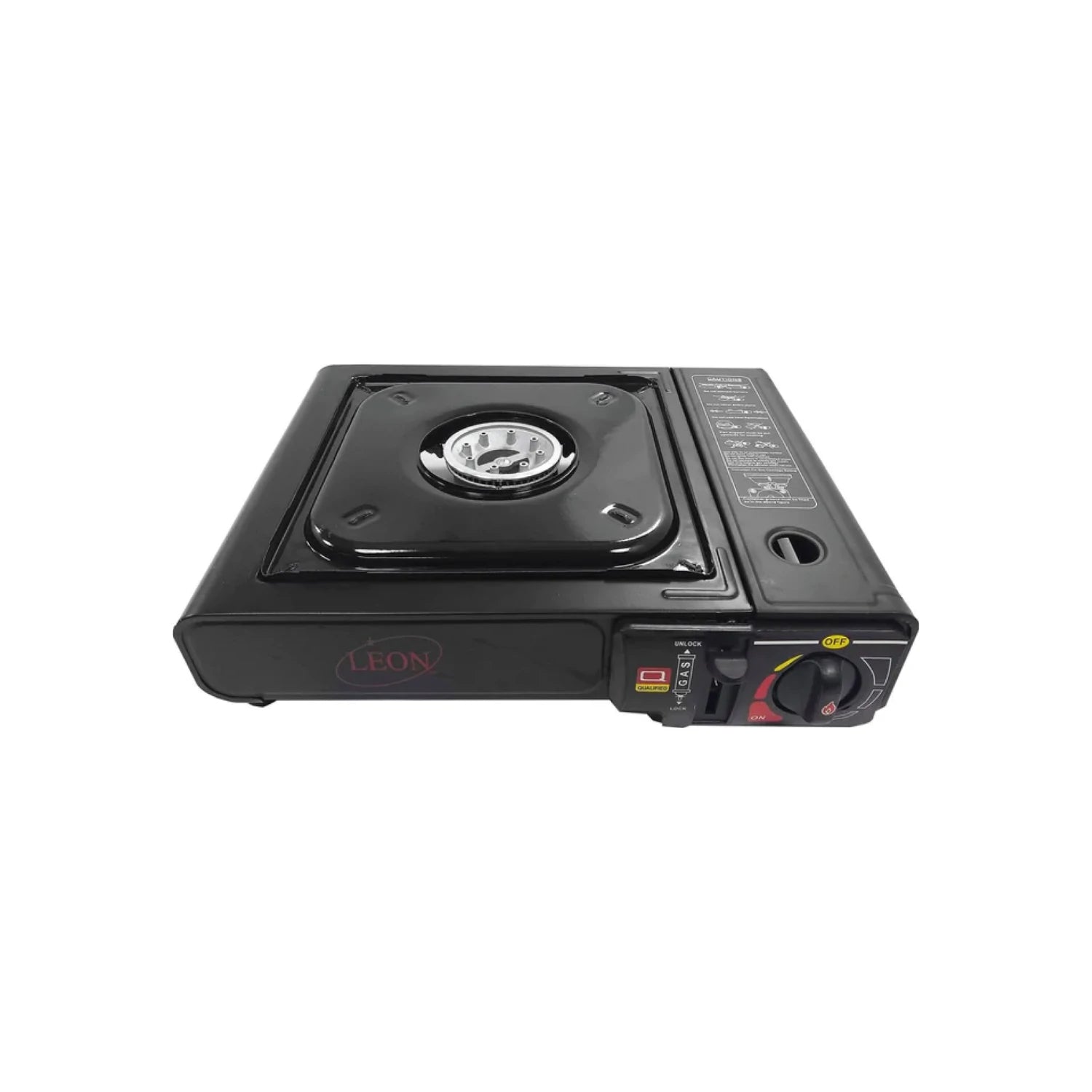 Estufa de gas portátil León negra, quemador único, control de llama y seguridad para camping