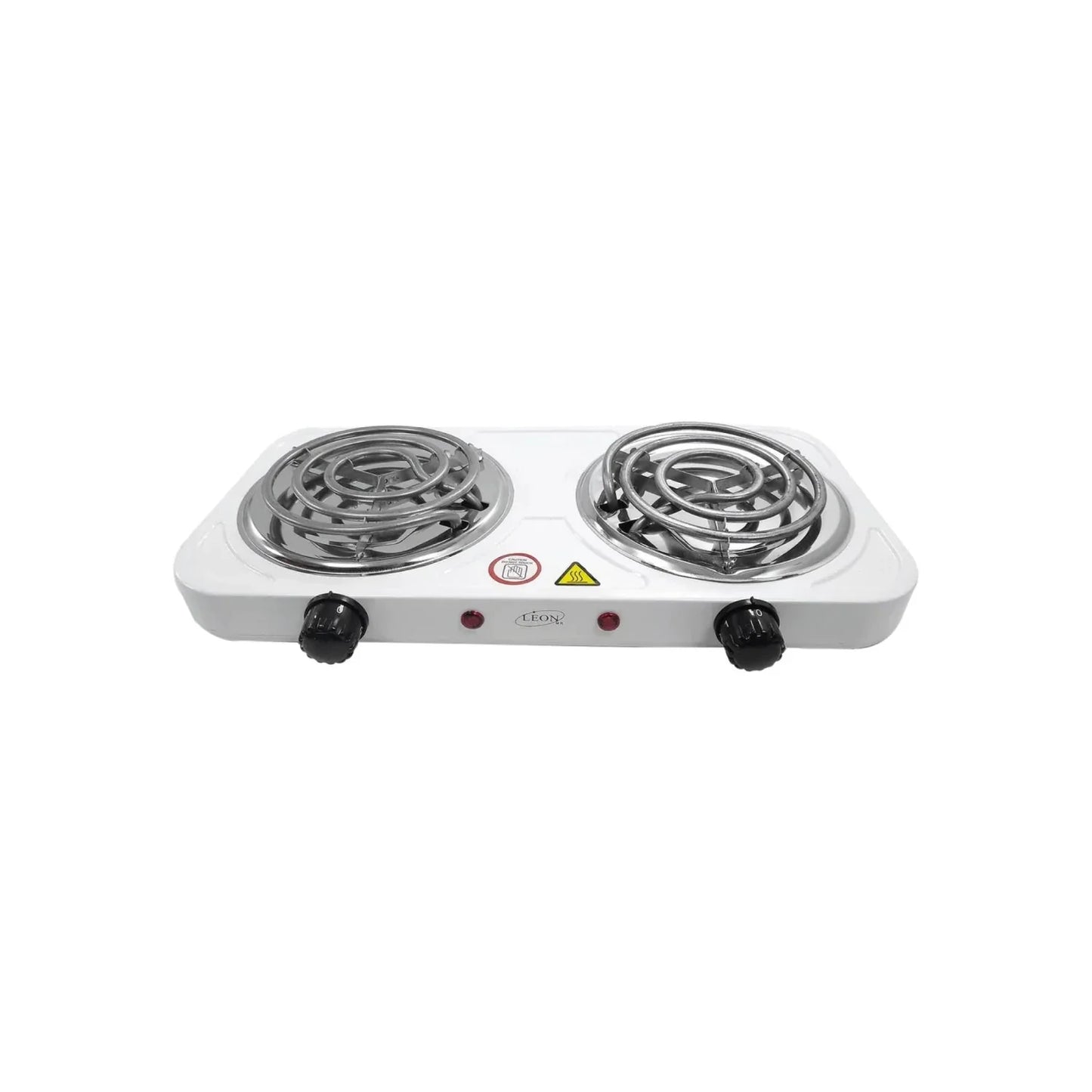 Parrilla eléctrica doble León blanca con 2 quemadores en espiral, ideal para cocinas portátiles y espacios pequeños
