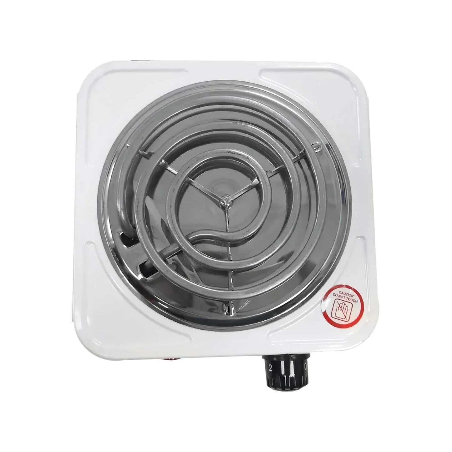 Parrilla eléctrica blanca de 1 quemador con resistencia y control de temperatura para cocina.