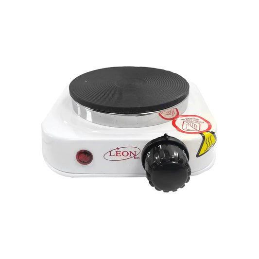 Parrilla eléctrica portátil de 1 quemador LEON blanca con control de temperatura para cocina.