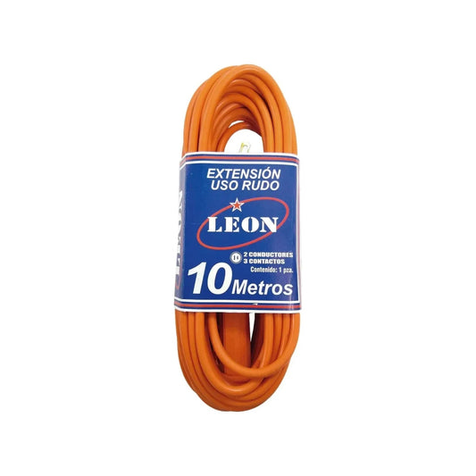 Extensión eléctrica uso rudo naranja 10 metros, marca León, con 3 contactos