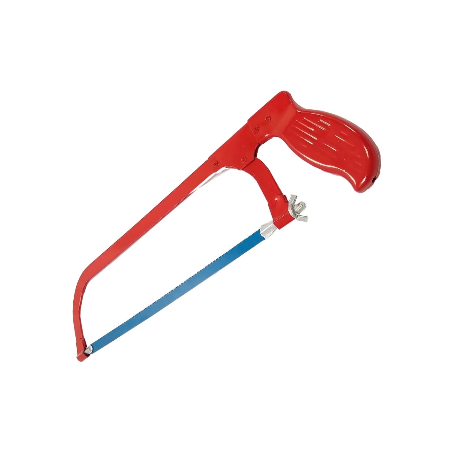 Arco con segueta manual para metal con marco rojo y hoja azul, ideal para corte preciso en ferretería.