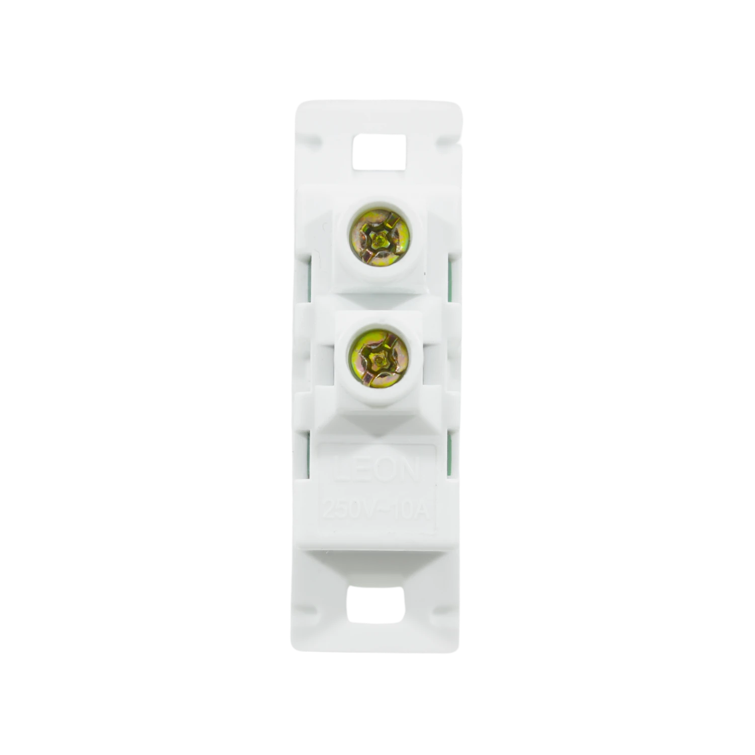 Apagador eléctrico sencillo blanco León con terminales de tornillo vista trasera, 250V 10A