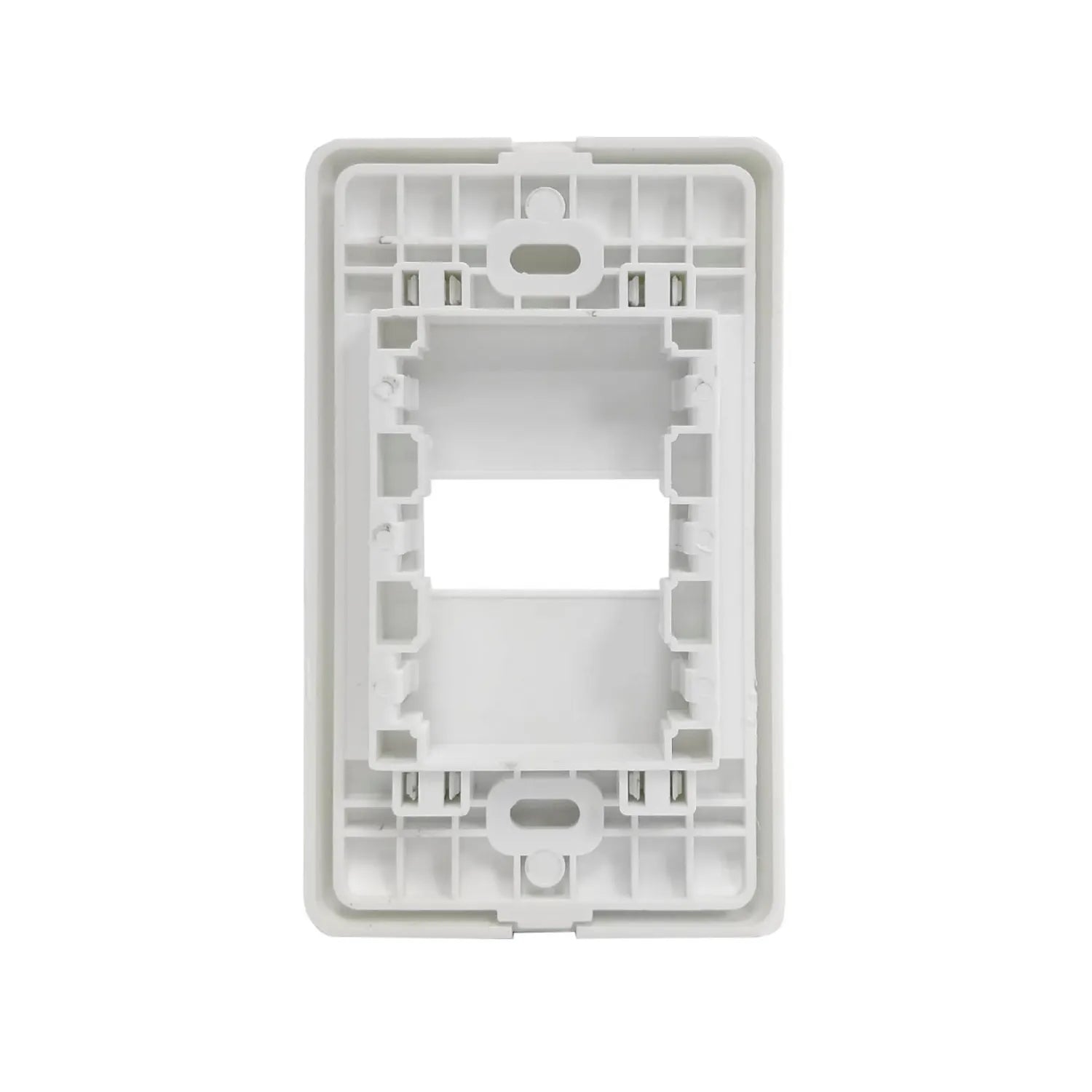 Placa blanca de pared con 1 ventana para accesorios eléctricos, vista trasera detallada