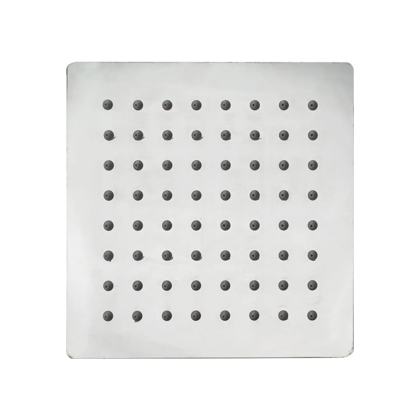 Regadera cuadrada de 6 pulgadas de acero inoxidable, con acabado brillante y múltiples boquillas.