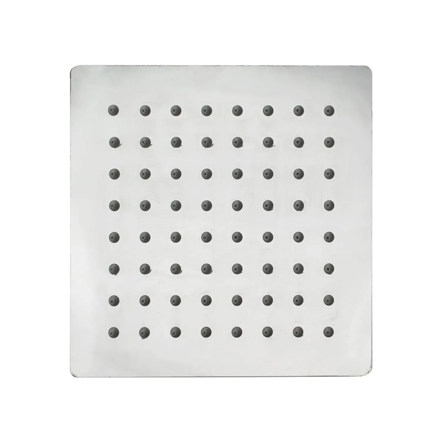 Regadera cuadrada de 6 pulgadas de acero inoxidable, con acabado brillante y múltiples boquillas.