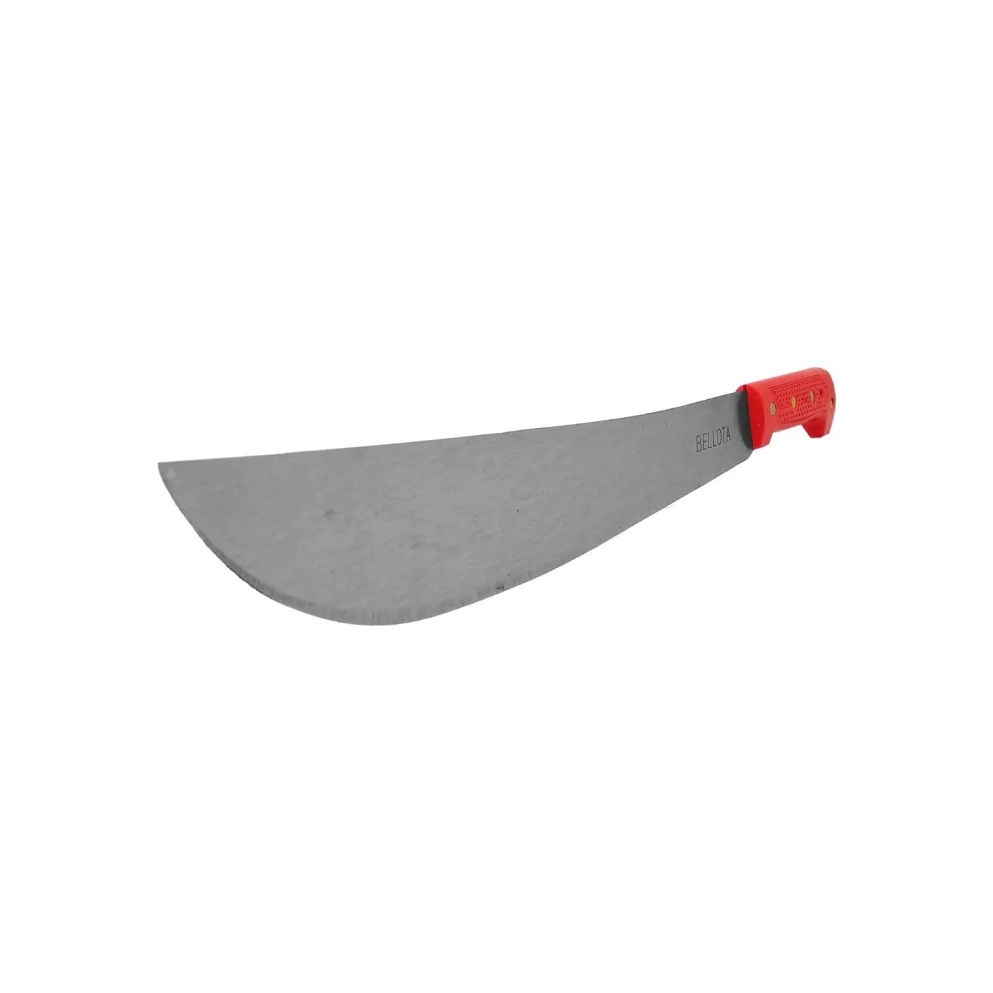 Machete Bellota de 14 pulgadas con hoja curva de acero pulido y mango rojo.