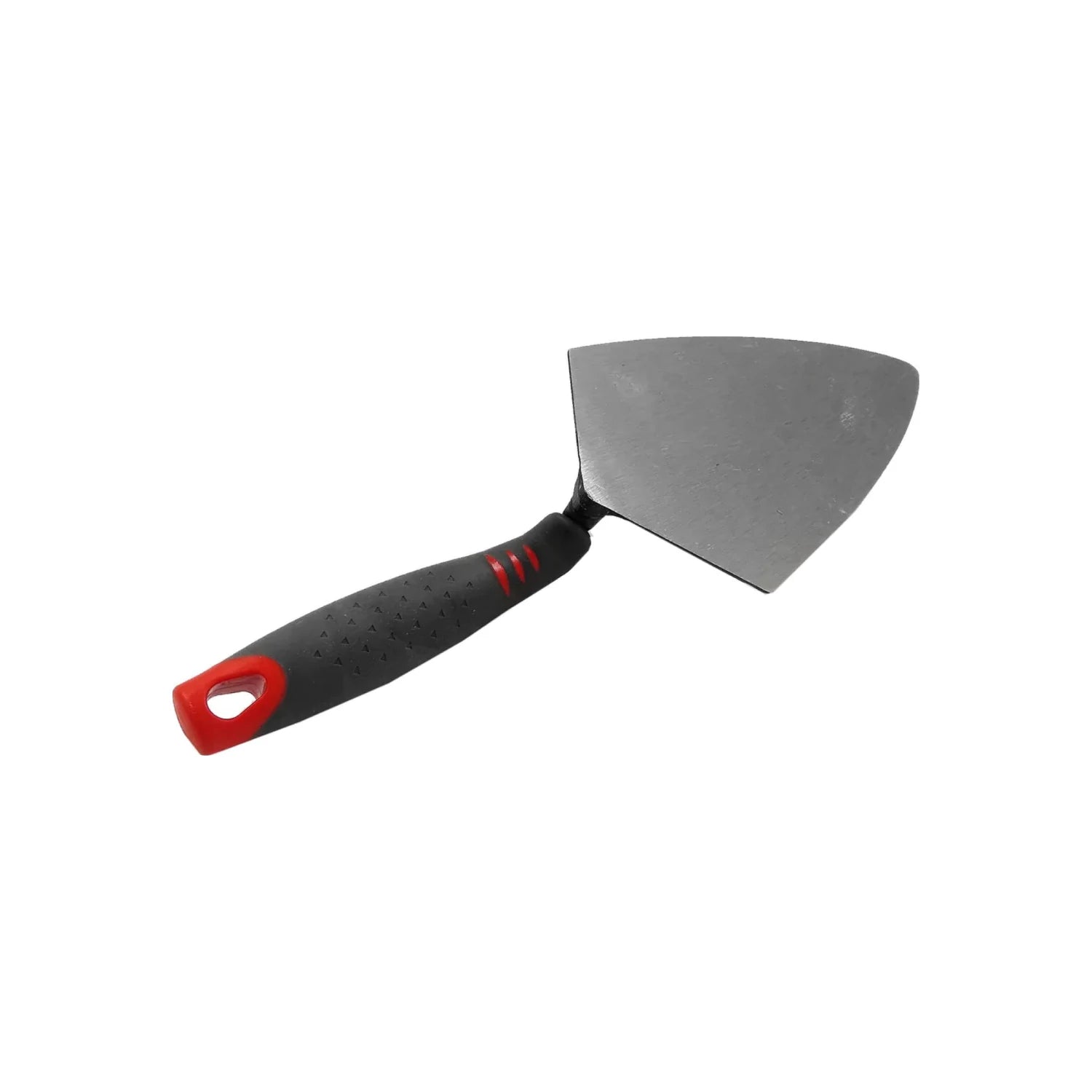 Espátula para masilla metálica con hoja trapezoidal y mango ergonómico bimaterial rojo y negro
