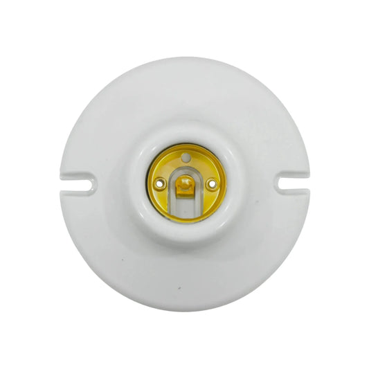Socket portalámparas blanco redondo de plástico con rosca E27 para foco, ideal en instalaciones eléctricas.