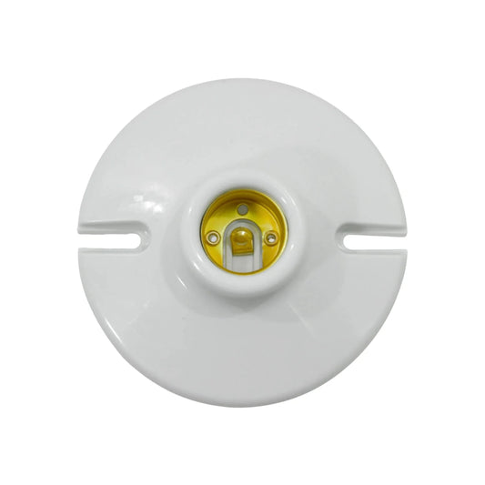 Portalámparas redondo de plástico blanco, socket E27 estándar para foco incandescente o LED, para pared o techo.
