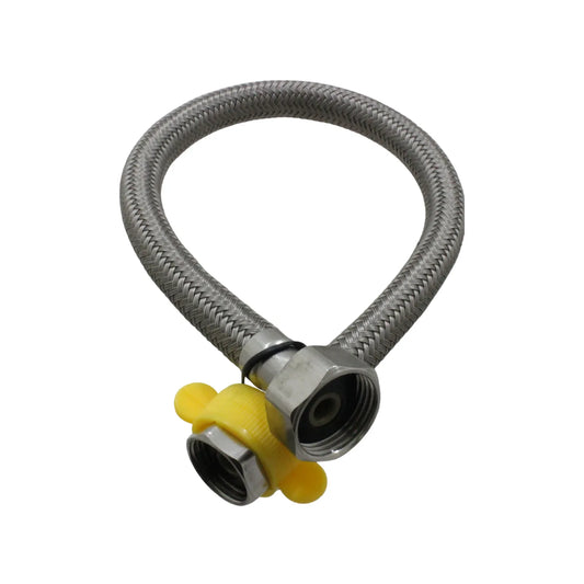 Manguera flexible para WC 45 cm, trenzada de acero inoxidable con conectores metálicos y protección amarilla.