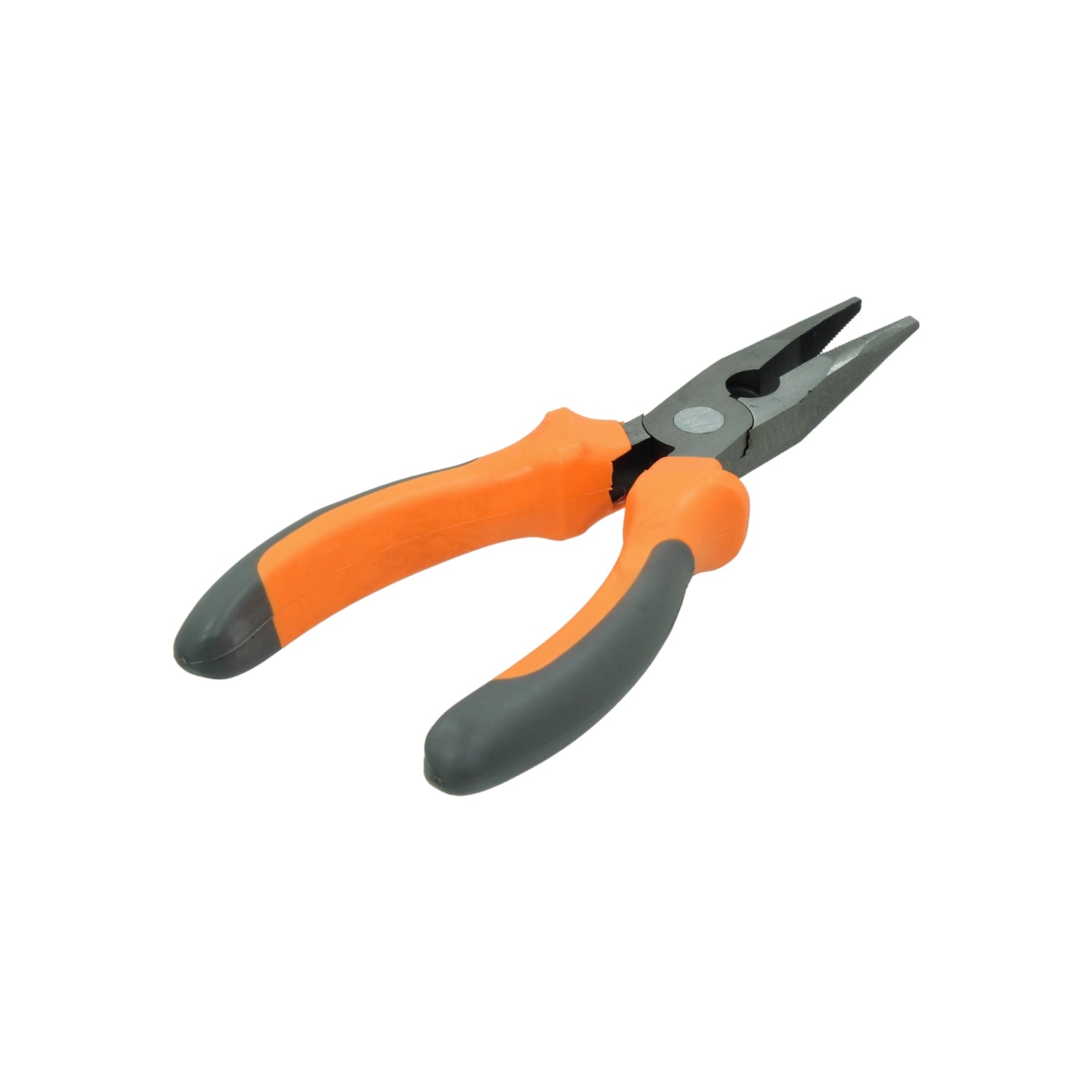 Pinza de punta, mango ergonómico naranja y gris, mordazas serradas para agarre y manipulación de precisión.