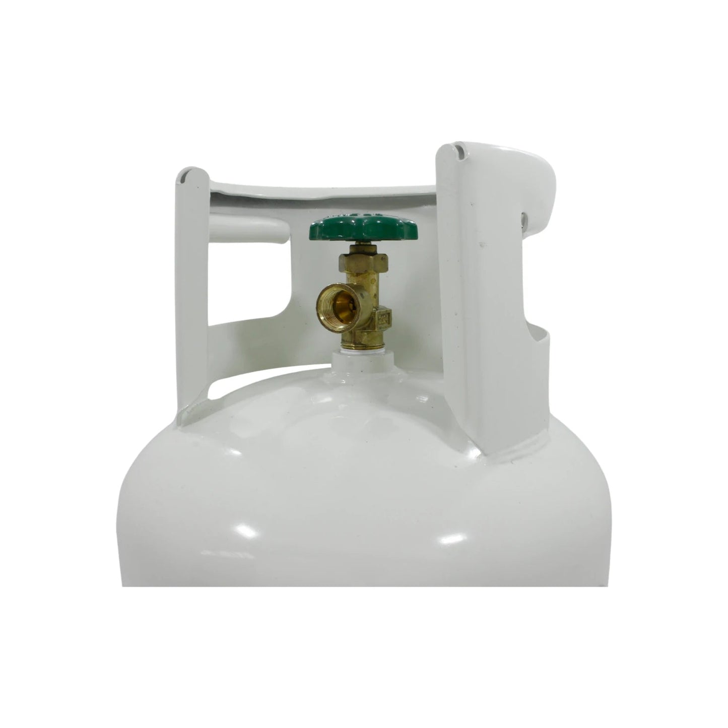 Tanque de gas LP blanco con válvula verde y asa protectora para uso doméstico o comercial